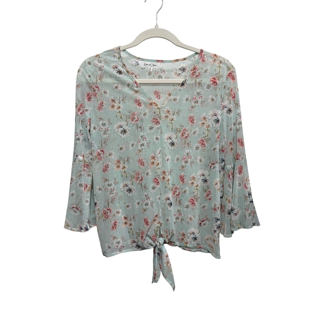 Eden & Olivia Mint Green Floral Mesh Bell Sleeve Tie Front Top S Boho Fairycore